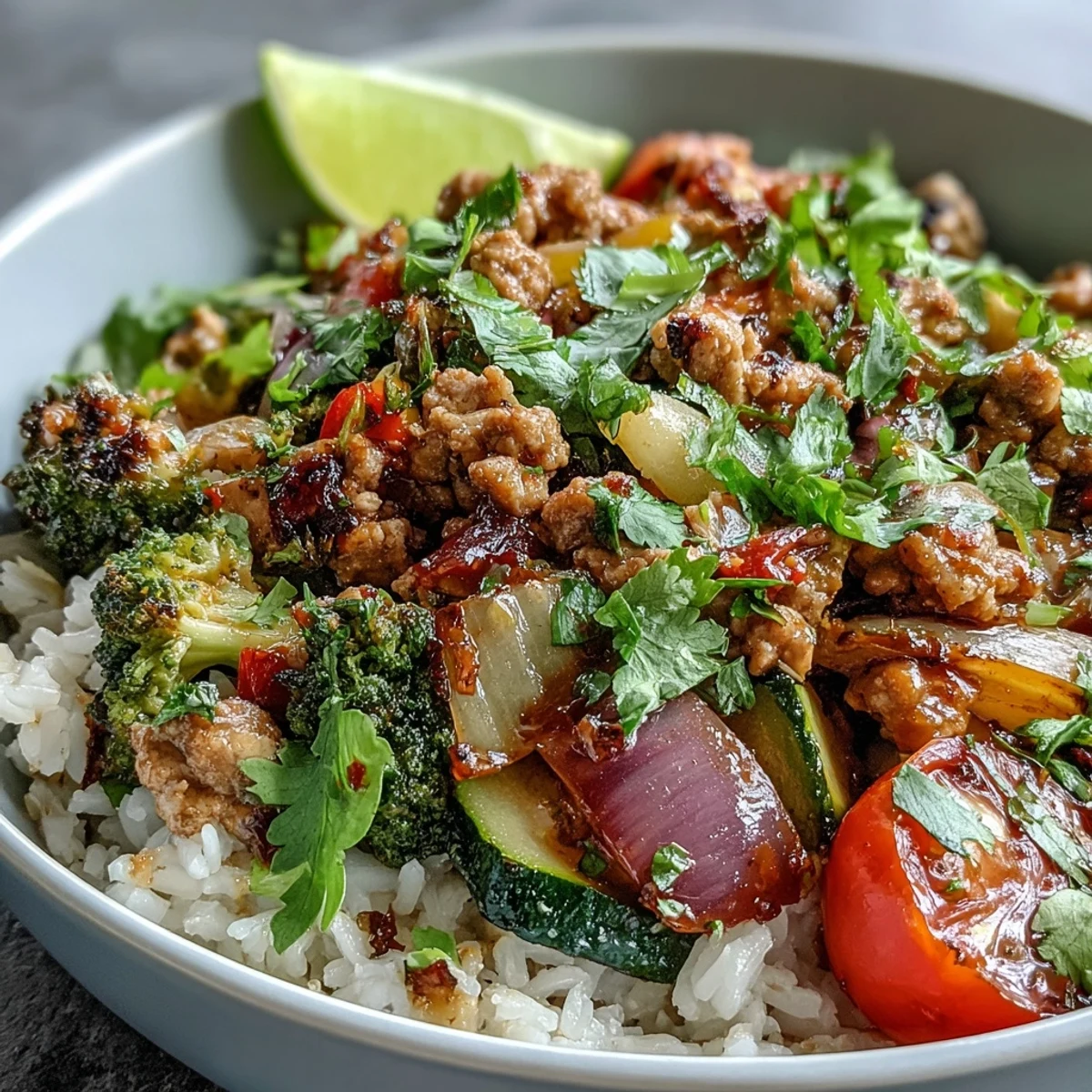 Savory Ground Turkey Bowl with roasted zucchini, bell peppers, and fluffy brown rice topped with fresh avocado.