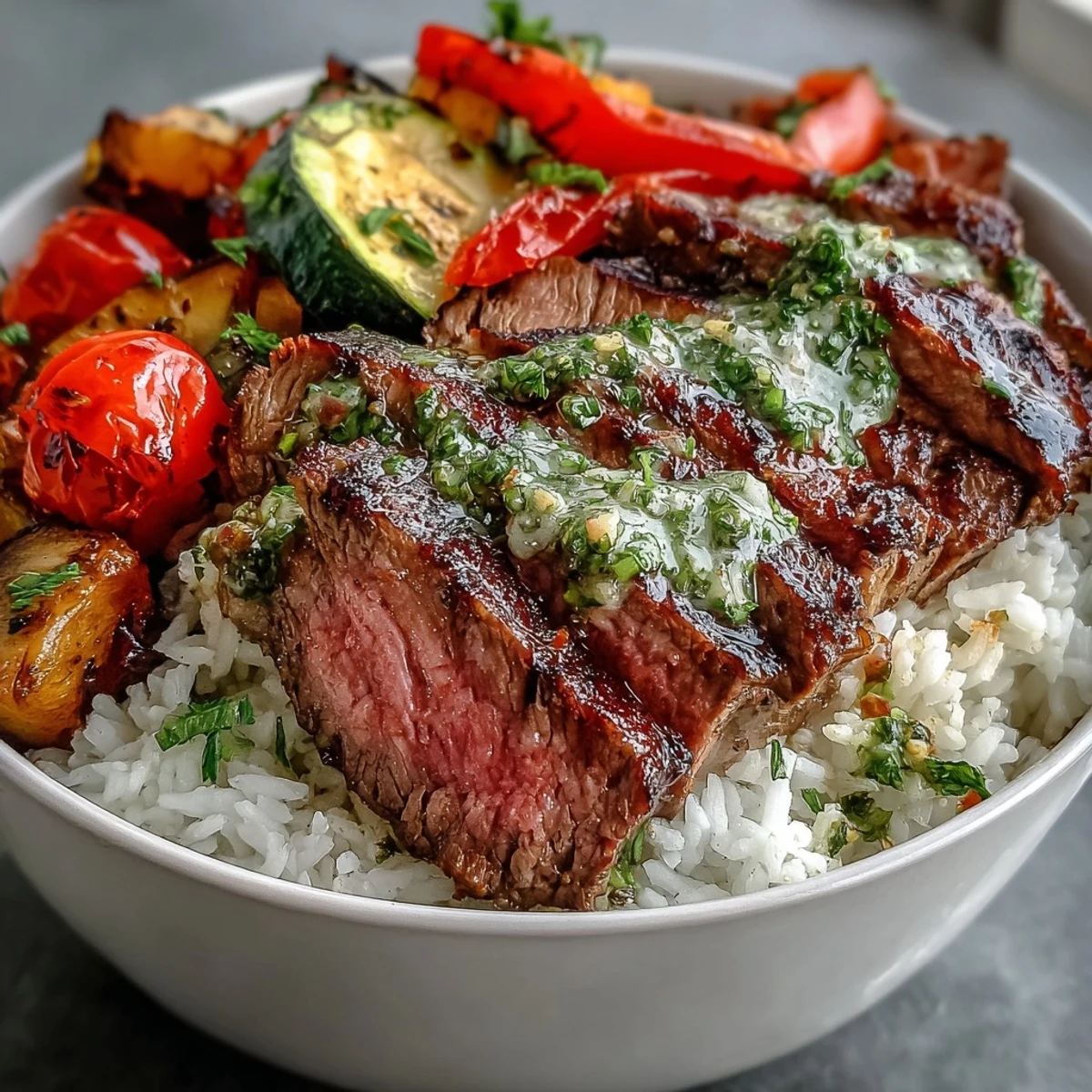 Close-up of a colorful Grilled Steak Bowl with juicy steak, roasted veggies, and fresh parsley sauce.