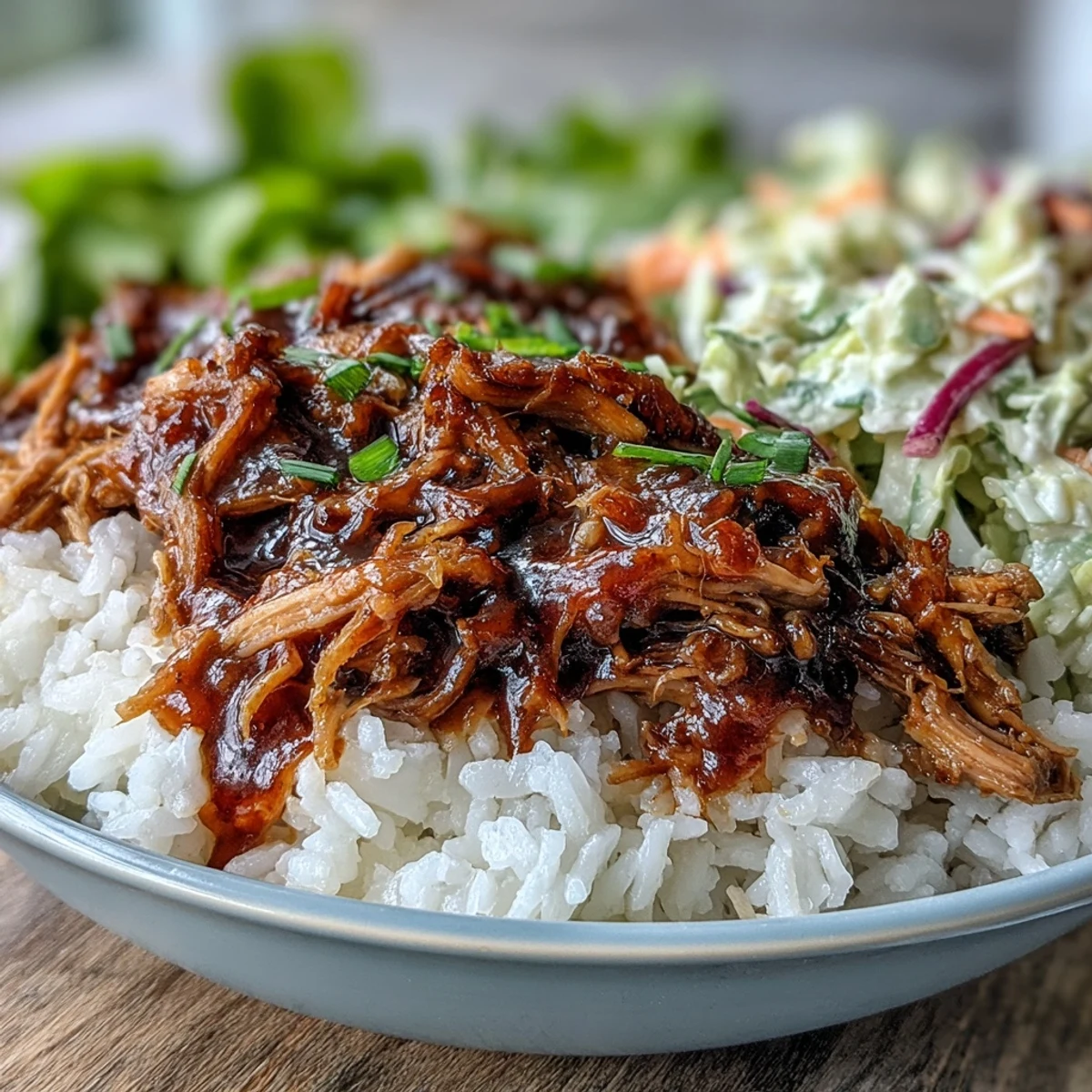 A close look at a flavorful pulled pork bowl, featuring shredded meat, creamy slaw, and fresh cilantro garnish.