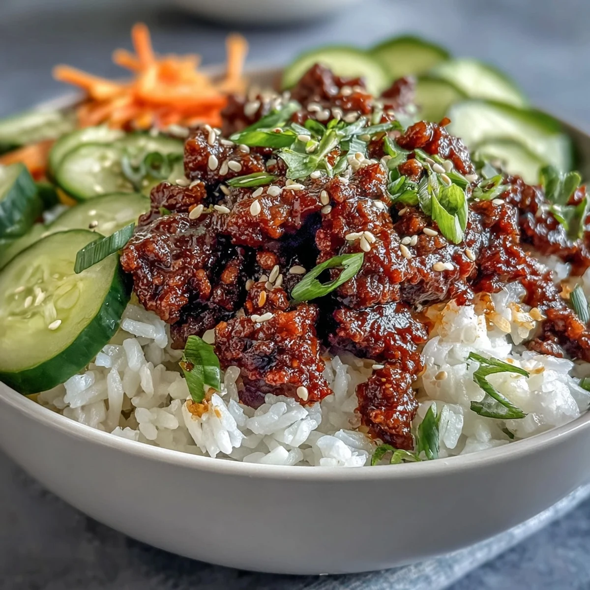 Easy Korean Ground Beef Bowl featuring juicy seasoned beef and bright pickled radish, perfect for a healthy, gluten-free meal.