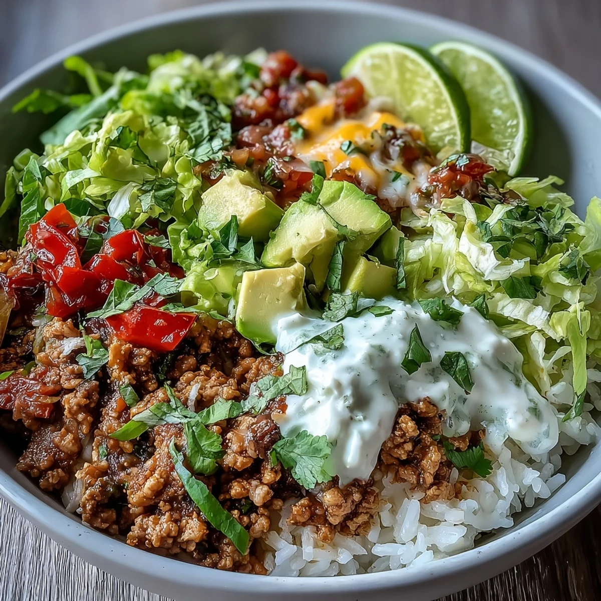 A close-up of a Turkey Taco Bowl with seasoned ground turkey, fluffy rice, diced avocado, cherry tomatoes, and shredded cheddar cheese.