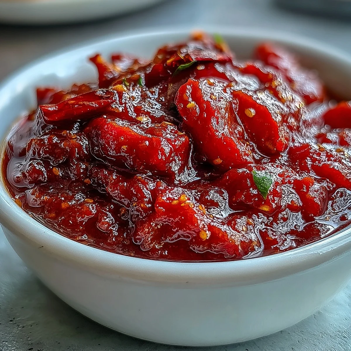 Guava Chutney in a white bowl, garnished with curry leaves and fresh cilantro for vibrant South Indian flair.