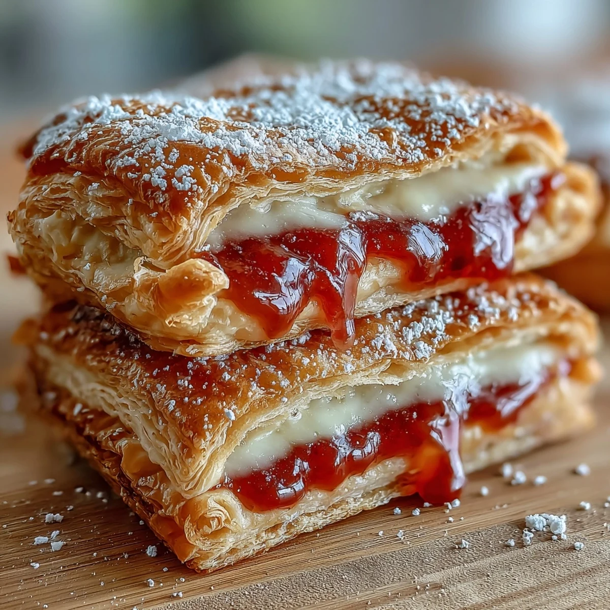 Two Guava Cheese Pastries are split open, revealing melted cheese and vibrant guava filling.