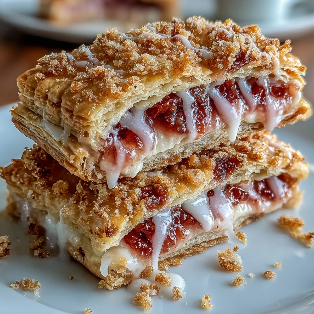 Golden-baked homemade pop tarts filled with creamy cheese and tangy guava jam, topped with a glossy pink glaze.