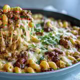 Close-up of creamy One-Pan High Protein Chili Mac with gooey cheddar and ground beef, garnished with fresh cilantro on a dark wood surface. 