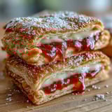 Two Guava Cheese Pastries are split open, revealing melted cheese and vibrant guava filling.