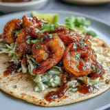 Sweet and savory honey garlic shrimp served in soft tortillas with crunchy red cabbage slaw.  