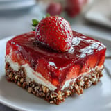 A festive Memorial Day strawberry pretzel salad dessert ready for summer picnics.
