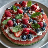 Colorful 4th of July Watermelon Pizza with berries and cream topping.