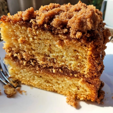 Cinnamon streusel coffee cake, golden brown and crumbly, ready for a leisurely breakfast.