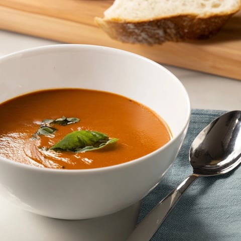 Classic Tomato Basil Soup: Rich, red tomato soup steaming with fresh basil aroma.