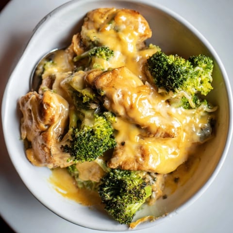 Cheesy Chicken Broccoli Bake bubbling hot, golden-brown cheese crust, ready for dinner.