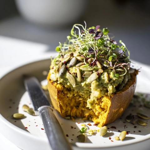 Savory Edamame Pumpkin Muffin Toasts topped with creamy spread and fresh chives.  