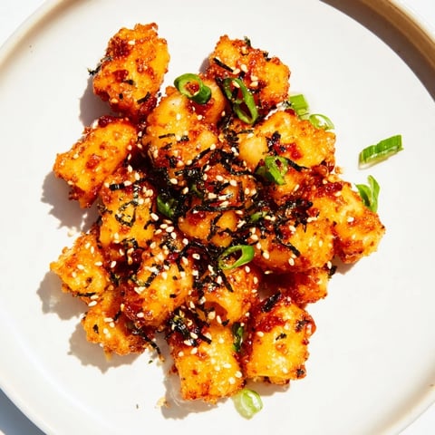 Crispy Japanese chili miso pasta bites drizzled with spicy glaze and garnished.