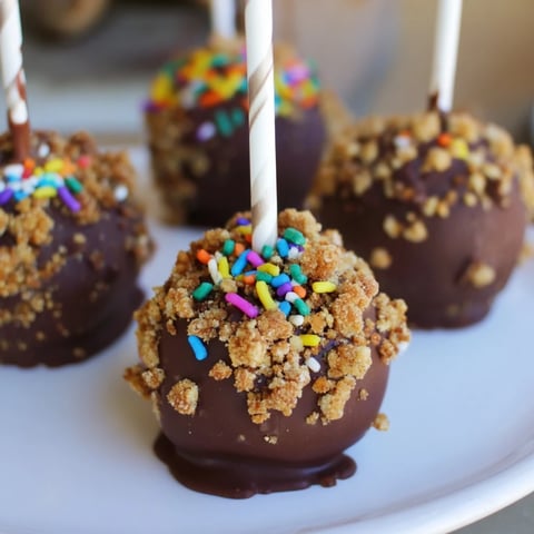 Decadent Smores Cinnamon Birthday Cake Pops drizzled in chocolate and graham cracker crumbs.