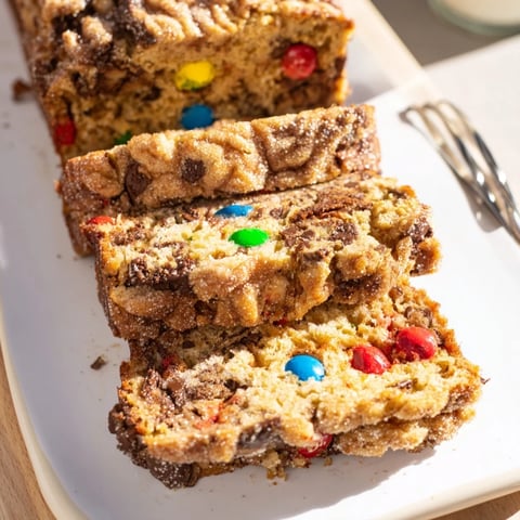 A beautifully baked Cinnamon Sugar Monster Cookie Loaf topped with colorful candy pieces.  