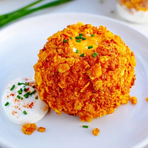 Crispy Flamin Hot Spicy Pumpkin Biscuit Balls served with a creamy dip.  