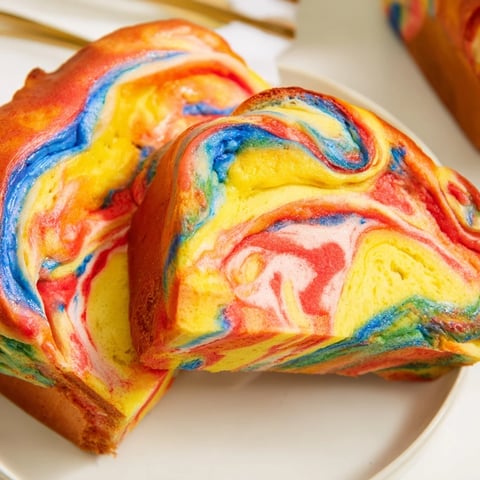 Fluffy cloud bread rainbow version with vibrant colors, perfect for festive brunches.  