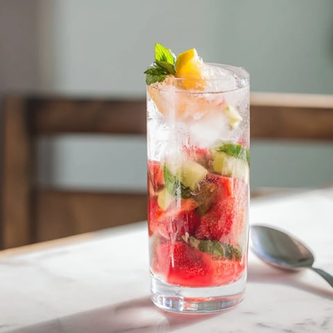 Refreshing water-based mocktails with fresh fruit and herbs in colorful glasses.  