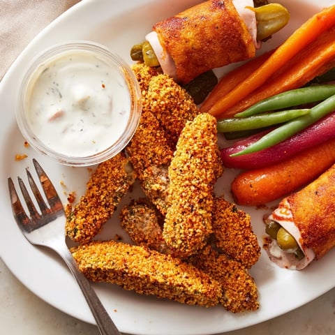 Crispy fried pickles served with vibrant pickled vegetables and creamy ranch dressing.