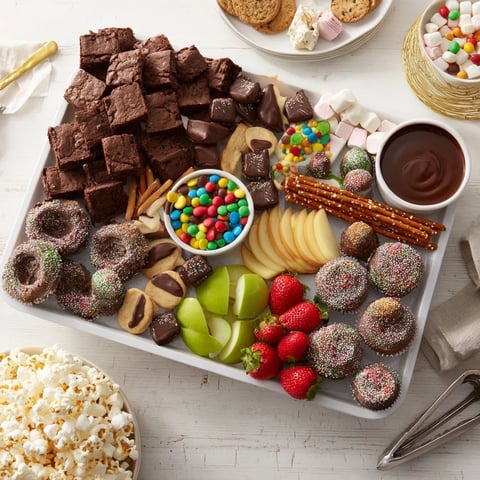 A vibrant dessert board with themed snacks and colorful sweet treats.  
