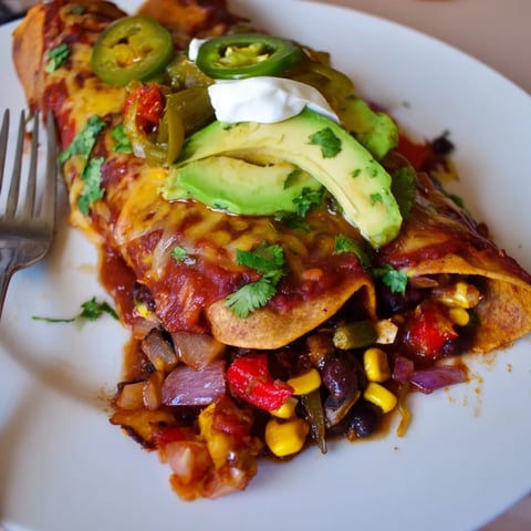 Vibrant Farmers Market Vegetarian Enchiladas topped with melted cheese and fresh cilantro.  