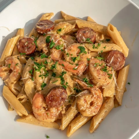 Steaming Cajun Sausage & Shrimp Alfredo Pasta Skillet, a vibrant, creamy, one-pan meal, ready to serve.