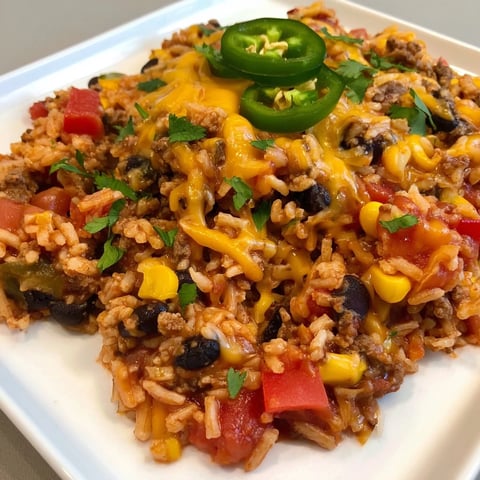Steaming Tex-Mex Beef & Rice Casserole, with a bubbly cheese topping, and fresh cilantro garnish.