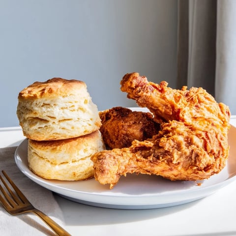 Golden-brown Southern fried chicken with fluffy buttermilk biscuits, a comforting homemade meal.