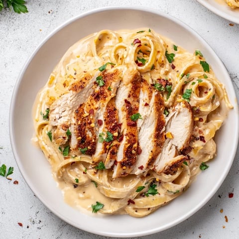 A plate of creamy Spicy Cajun Chicken Alfredo with tender, seasoned chicken and parsley.