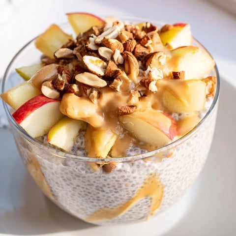 Creamy Apple-Chia Pudding with peanut butter, layered with fresh apples and a peanut butter swirl.