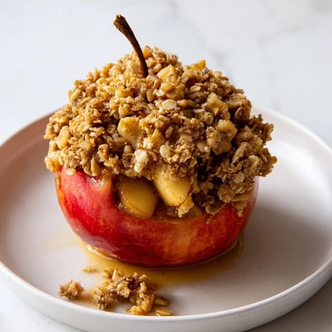 Golden, bubbly Baked Apples with Oat-Nut Crumble, fragrant and warm from the oven, ready to enjoy.