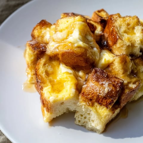 Golden-brown French toast bake, a warm breakfast casserole with a cinnamon-sugar topping and custardy bread.