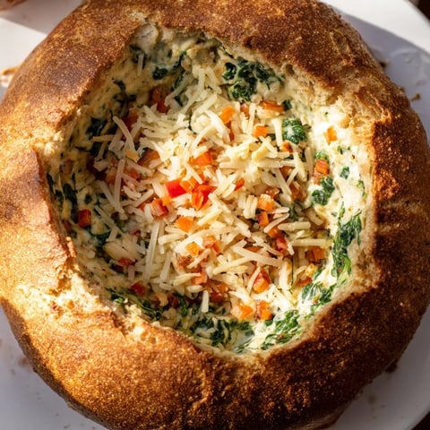 Warm and bubbling Express Holiday Spinach Dip in a crusty bread bowl, ready to serve and enjoy.