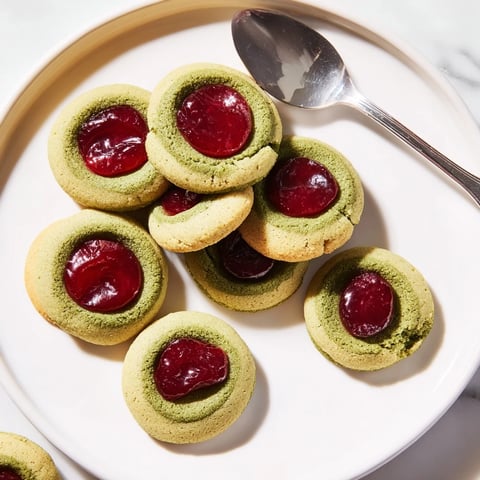 Golden-edged Matcha Cranberry Shortbread Thumbprint Cookies, perfect for a festive, sweet treat.