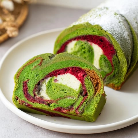 Swirly matcha marble pound cake, featuring vibrant green and red swirls, ready to slice and enjoy.