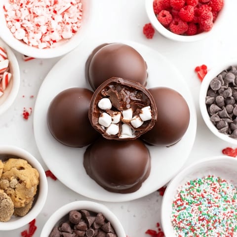 A festive spread of Hot Cocoa Bomb Topping Bar ingredients and finished mugs, ready to enjoy.