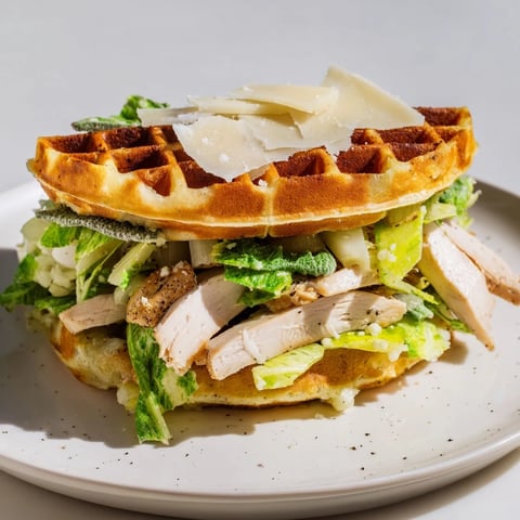Golden brown Chicken Caesar Waffle Sandwich, a unique handheld meal with grilled chicken and fresh salad.