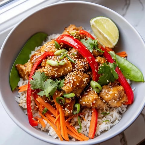 Savory Sesame Ginger Rice Bowl: tender chicken and vibrant veggies atop fluffy rice.