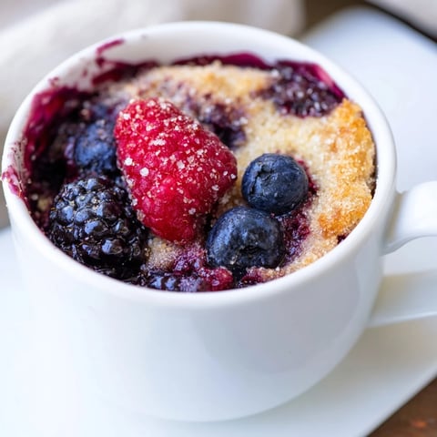 Mixed Berry Cobbler Mug Cake, warm and bubbly, showing a golden crust over vibrant berries.