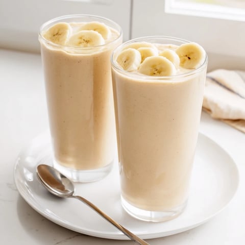 A tall glass of creamy peanut butter banana smoothie, perfect for a quick and easy breakfast.