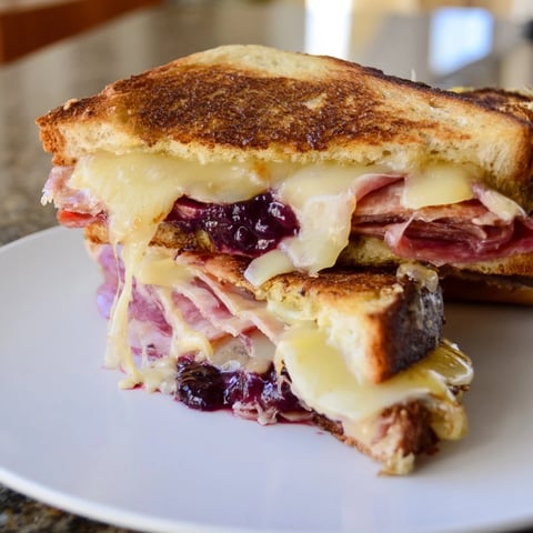 Golden-brown Charcuterie Grilled Cheese with melted cheese oozing between toasted bread slices.