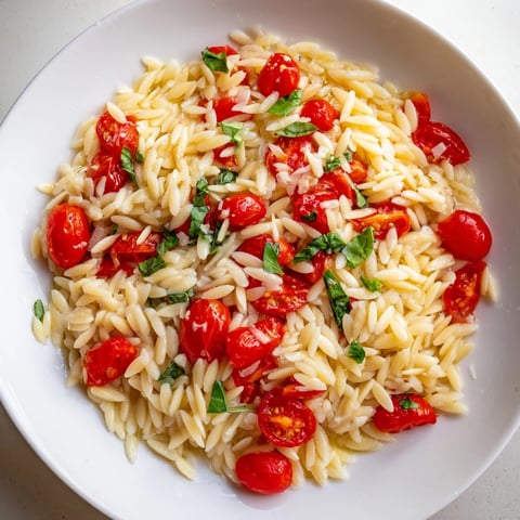 Creamy Orzo Tomato Parmesan pasta: a colorful bowl of tender orzo, juicy tomatoes, and grated Parmesan.