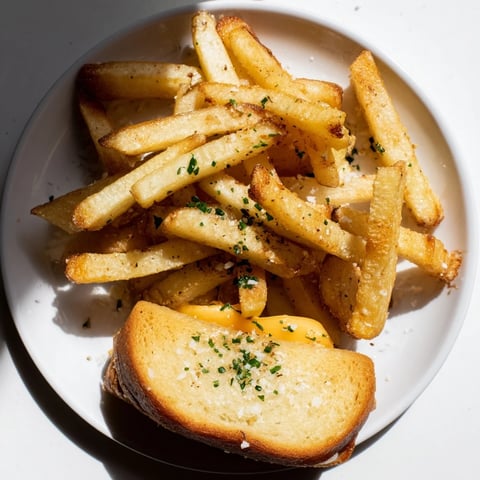 Crispy beef tallow French fries alongside a warm, gooey grilled cheese, a comforting pairing.