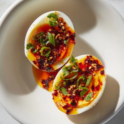 Vibrant photo of Chili Oil Eggs, the rich yolks glistening under a spicy, flavorful chili oil drizzle.