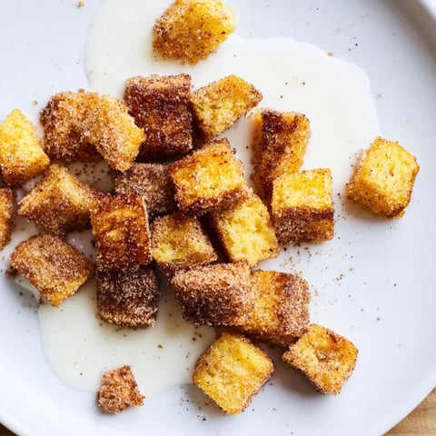 Golden-brown French Toast Cereal, perfectly crisp and coated in cinnamon sugar, ready to enjoy with milk.