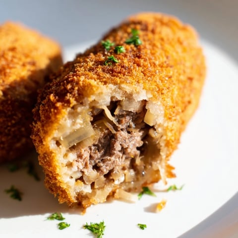 Golden, crispy Dutch croquettes, perfect with mustard, showing a delicious, savory breadcrumb coating.