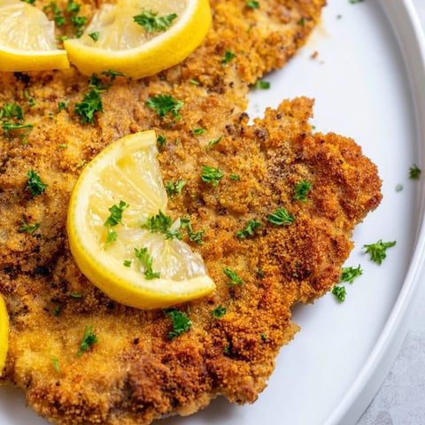 Golden-brown Wiener Schnitzel, perfectly fried and ready to serve with lemon wedges and parsley.