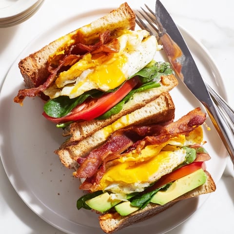 A close-up of the Loaded Breakfast Sandwich, showing creamy avocado, crispy bacon, and a runny egg yolk on toasted sourdough.