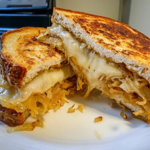 Crispy Onion Grilled Cheese on toasted sourdough, with melted cheddar and mozzarella oozing between golden-brown slices.